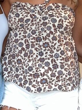 Heartloom Cream Floral Strapless Cami with Brown and Blue Accents